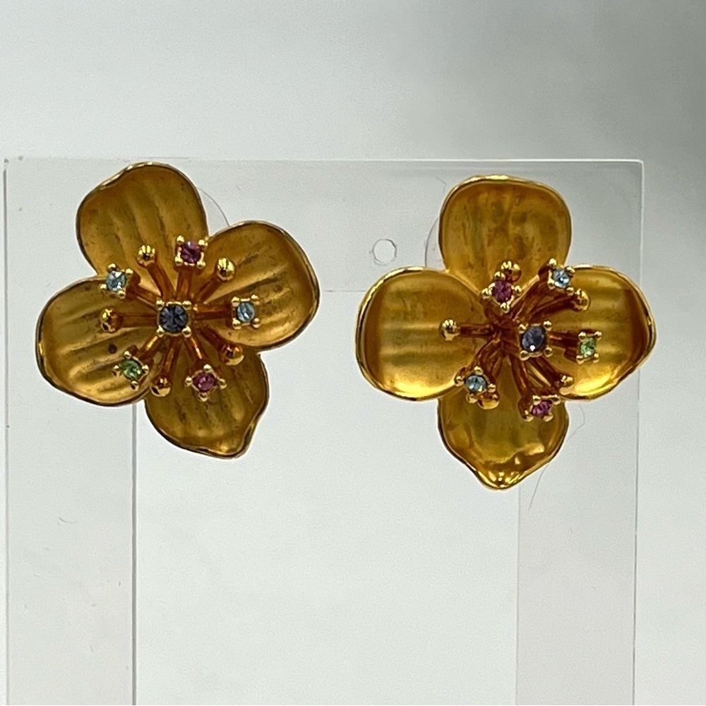 Joan Rivers Vintage Multicolor Dogwood Flower Crystal Gold Tone Earrings New